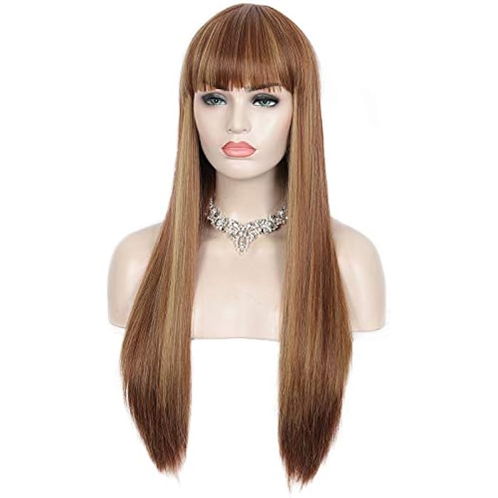 DILLARDS Sotica Long Straight Brown Mix Blonde Highlights Wigs With Bangs For White And Black Women 28 Inch Synthetic Highlights Wigs Natural Look Hair Wigs Heat Resistant Fibre For Daily Party Use - Image 3